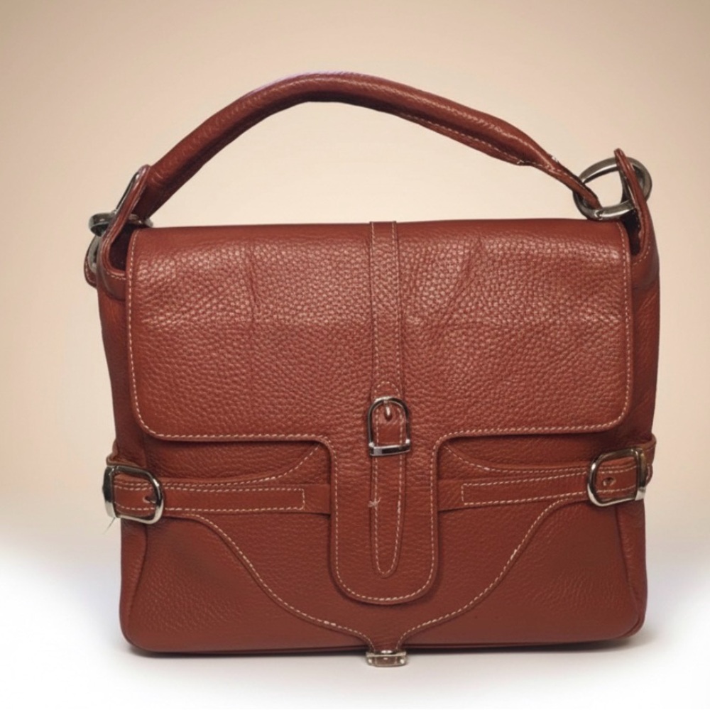 GUIA'S Purse Cognac Pebbled Leather Silver Buckle Italian Messenger Bag Vintage